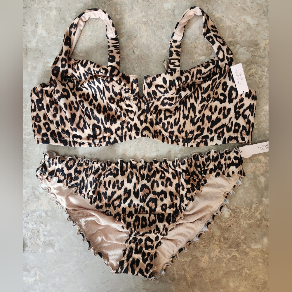 44D/XL VS Swim Full Coverage Bikini Top Ruffe Cheeky Bikini Set Leopard